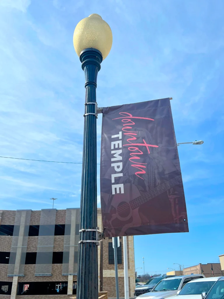 Downtown Temple banner on streetlamp